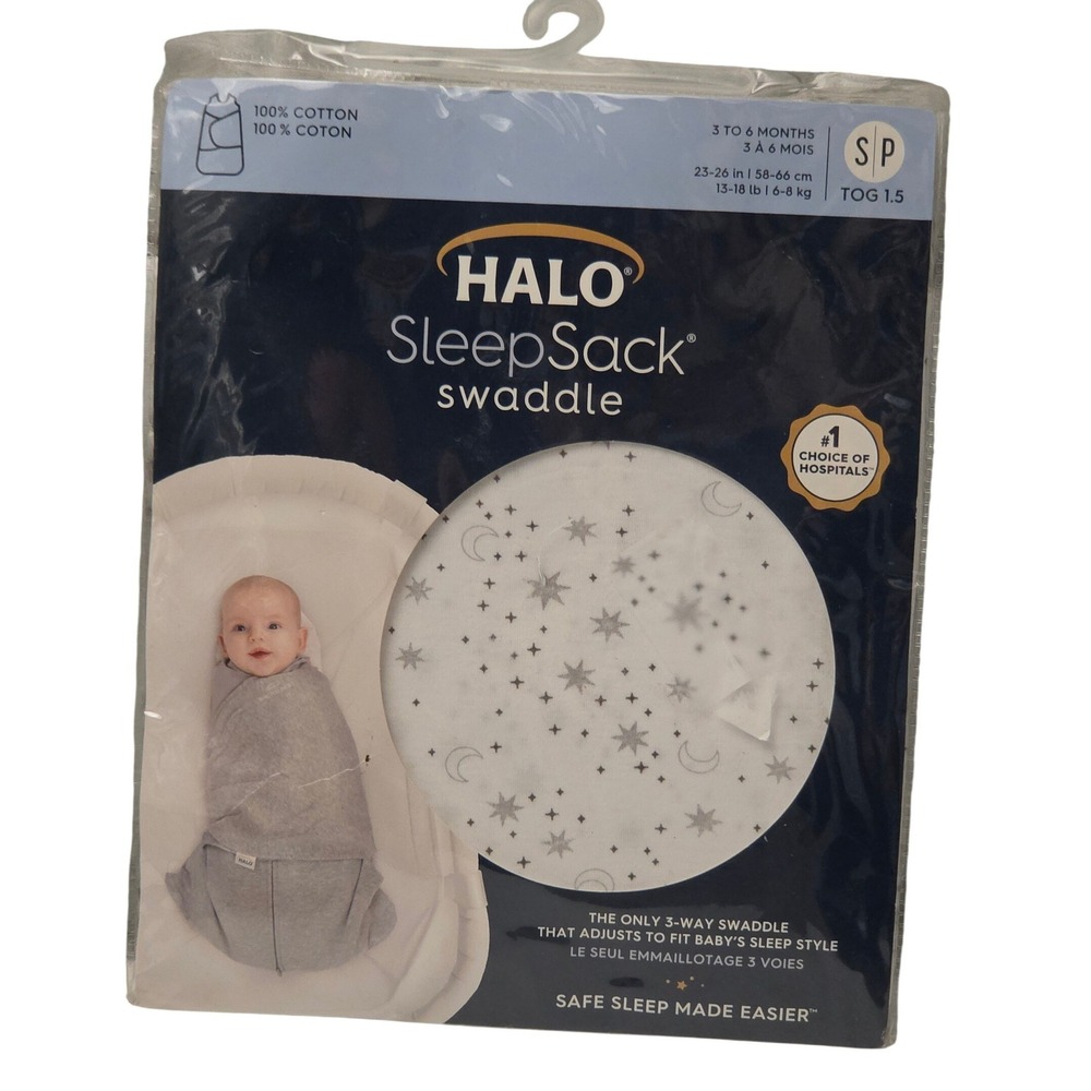 HALO SleepSack Swaddle 3-Way Adjustable 1.5 TOG Cotton Grey Stars 3-6 Months NEW